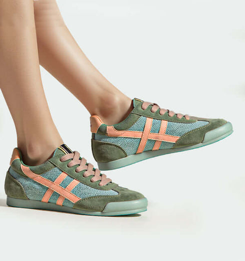 Stylish sneakers in green and peach, featuring mesh design, perfect for casual wear or active lifestyle.